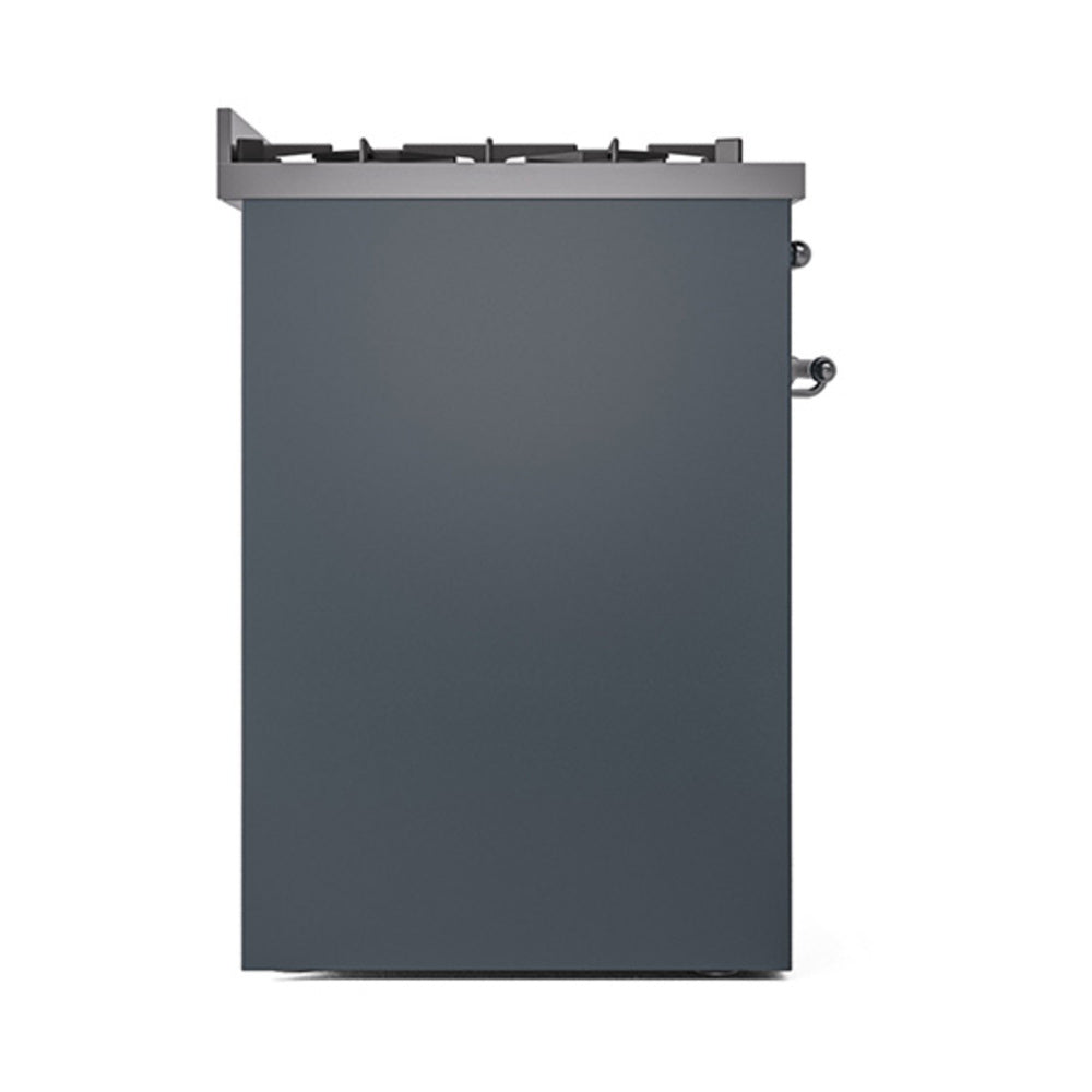 Blue-grey solid range door with side handles and top burner grates