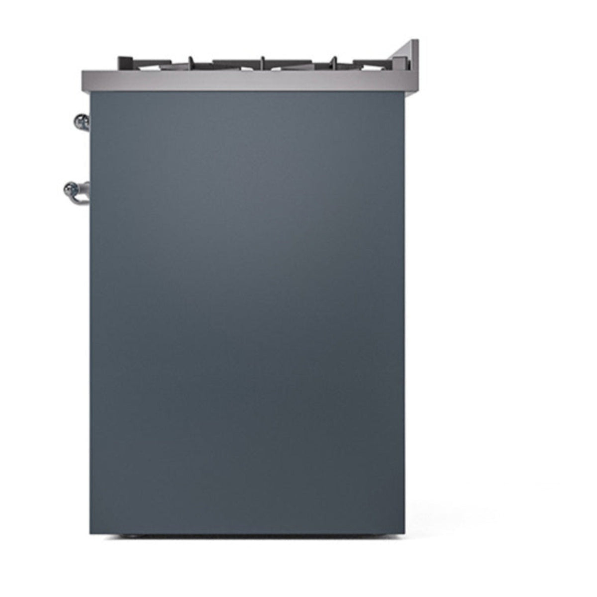 Blue-grey range back view with top burner grates and side hardware