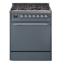 ILVE Nostalgie II 30-Inch Natural Gas Dual Fuel Range with Solid Door in Blue Grey with Chrome Trim (UP30QNMPBGC)