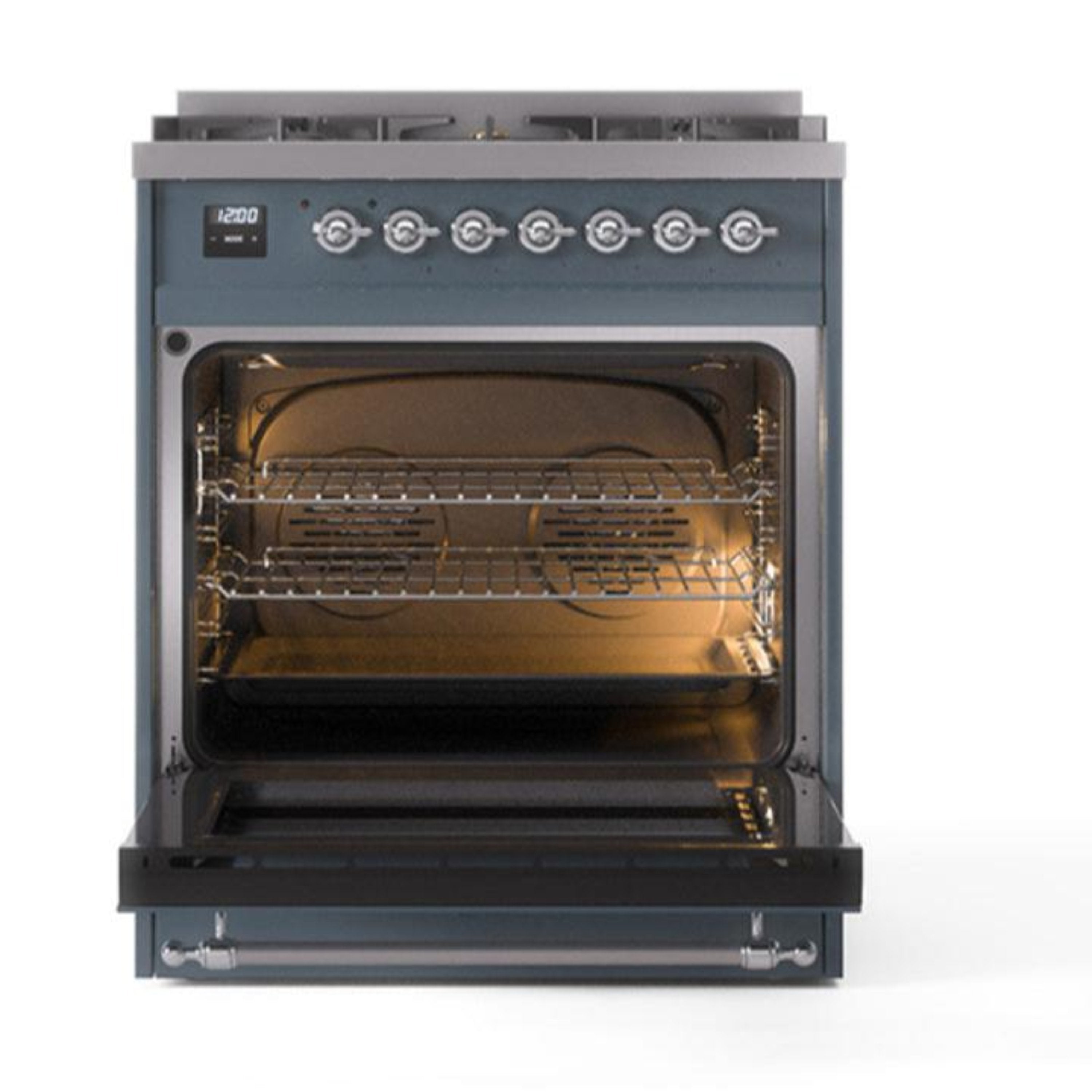 Dual fuel range oven with open door and blue-grey frame, showing interior racks