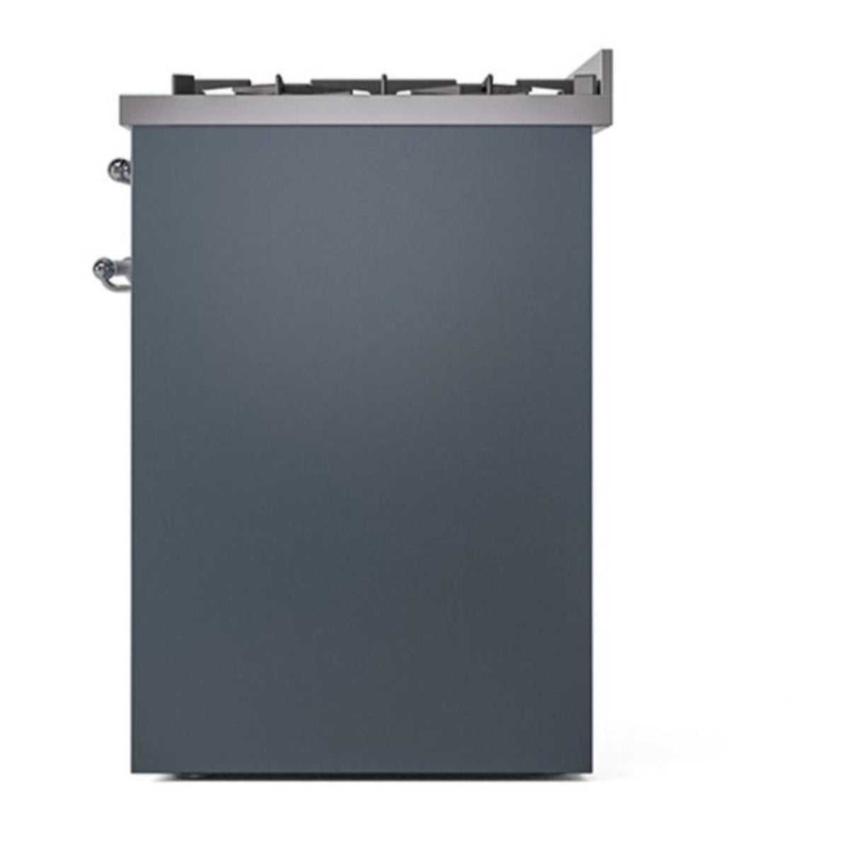 Dual fuel range side view with blue-grey solid door and chrome control knobs