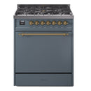 ILVE Nostalgie II 30-Inch Dual Fuel Range with Solid Door in Blue Grey with Brass Trim (UP30QNMPBGG)