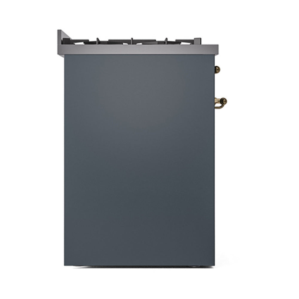 Blue grey solid door dual fuel range with brass trim and black control knobs
