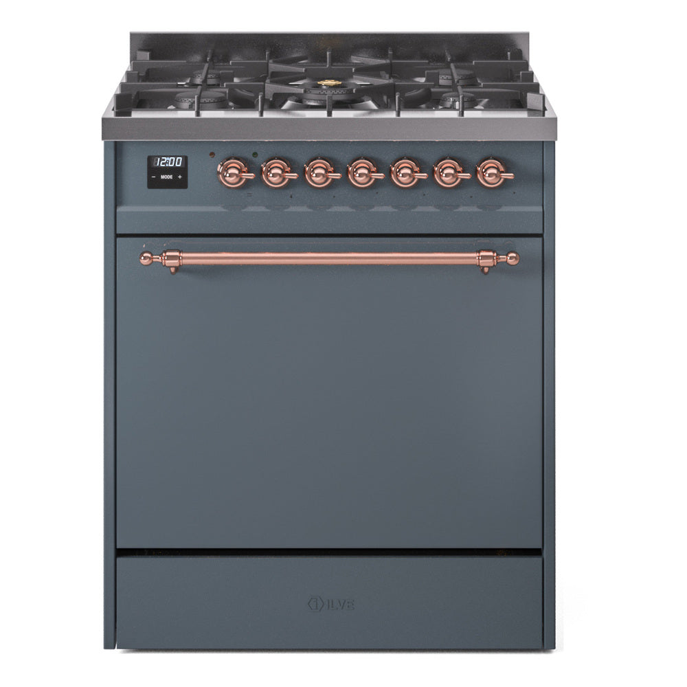 Blue grey dual fuel gas range with copper control trim and solid door