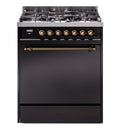 ILVE Nostalgie II 30-Inch Dual Fuel Range with Solid Door in Glossy Black with Bronze Trim (UP30QNMPBKB)