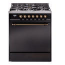 ILVE Nostalgie II 30-Inch Natural Gas Dual Fuel Range with Solid Door in Glossy Black with Bronze Trim (UP30QNMPBKB)