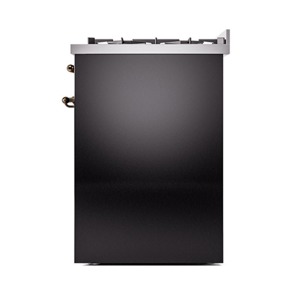 Glossy black range side panel with bronze handle accents and cooktop