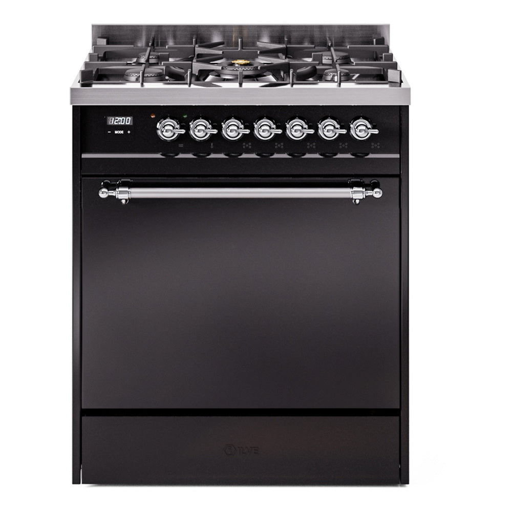 Front view glossy black range with control panel, burner grates, and solid door