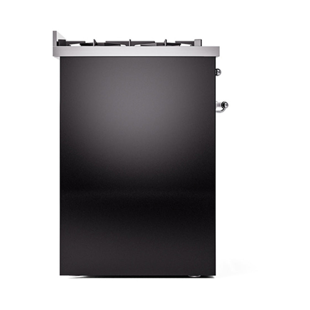 Glossy black gas dual-fuel range with chrome trim, burner grates, and closed solid door