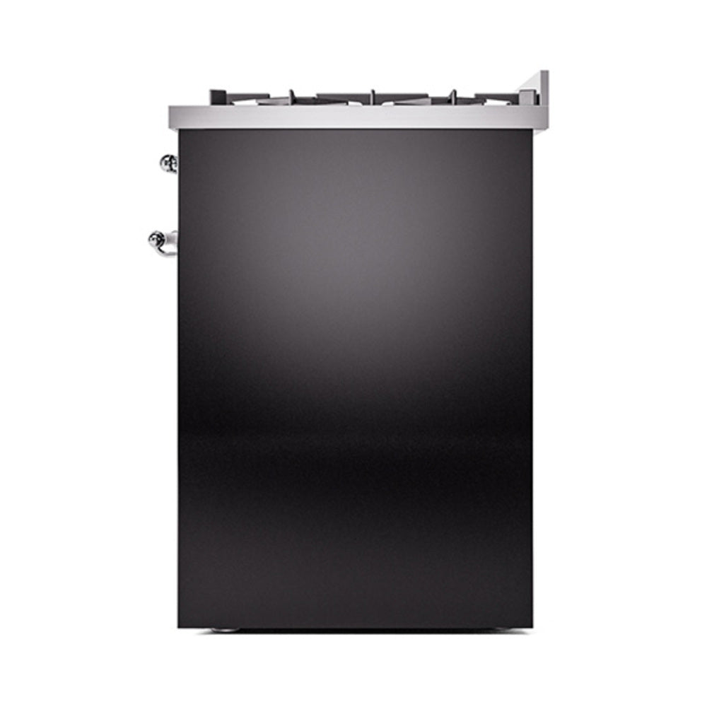 Glossy black solid-door range with chrome side hardware and top burner grates
