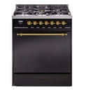ILVE Nostalgie II 30-Inch Propane Gas Dual Fuel Range with Solid Door in Glossy Black with Brass Trim (UP30QNMPBKGLP)