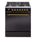 ILVE Nostalgie II 30-Inch Natural Gas Dual Fuel Range with Solid Door in Glossy Black with Brass Trim (UP30QNMPBKG)