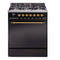 ILVE Nostalgie II 30-Inch Natural Gas Dual Fuel Range with Solid Door in Glossy Black with Brass Trim (UP30QNMPBKG)