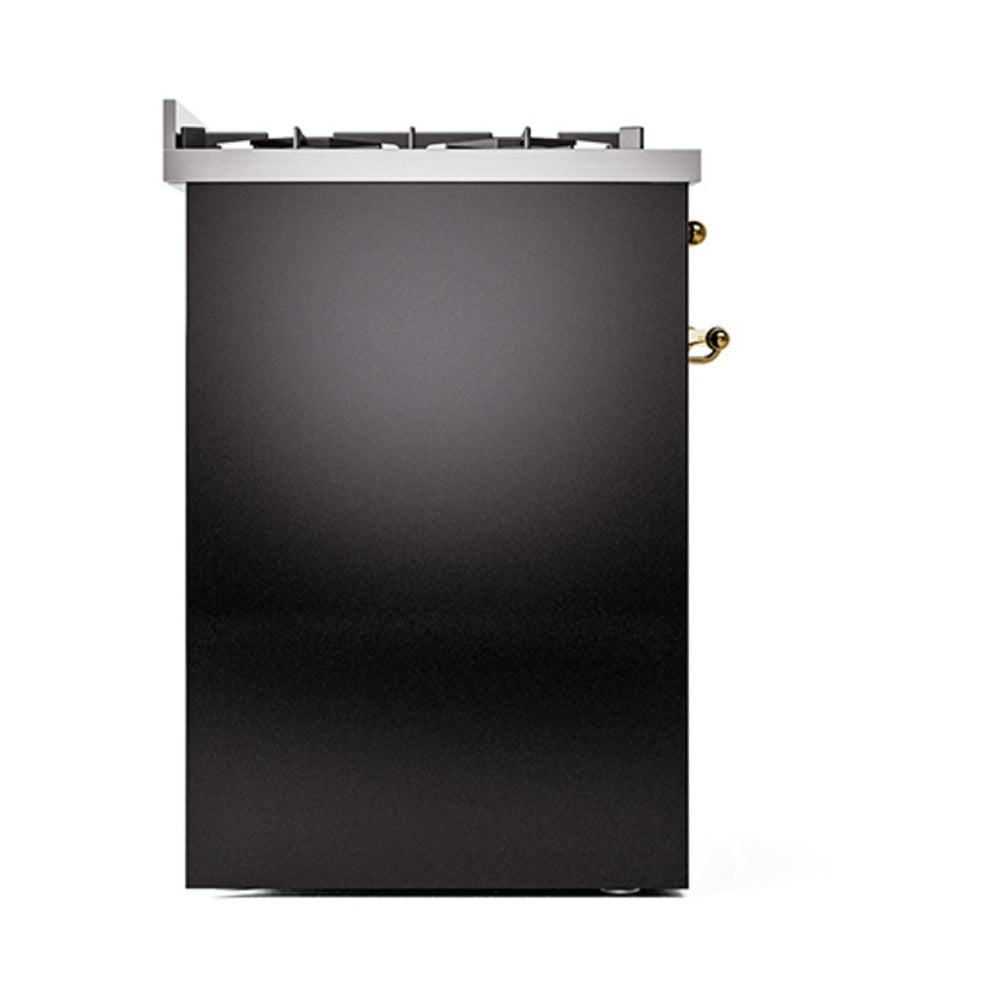 Glossy black range door with brass-trimmed knobs and top burner grates