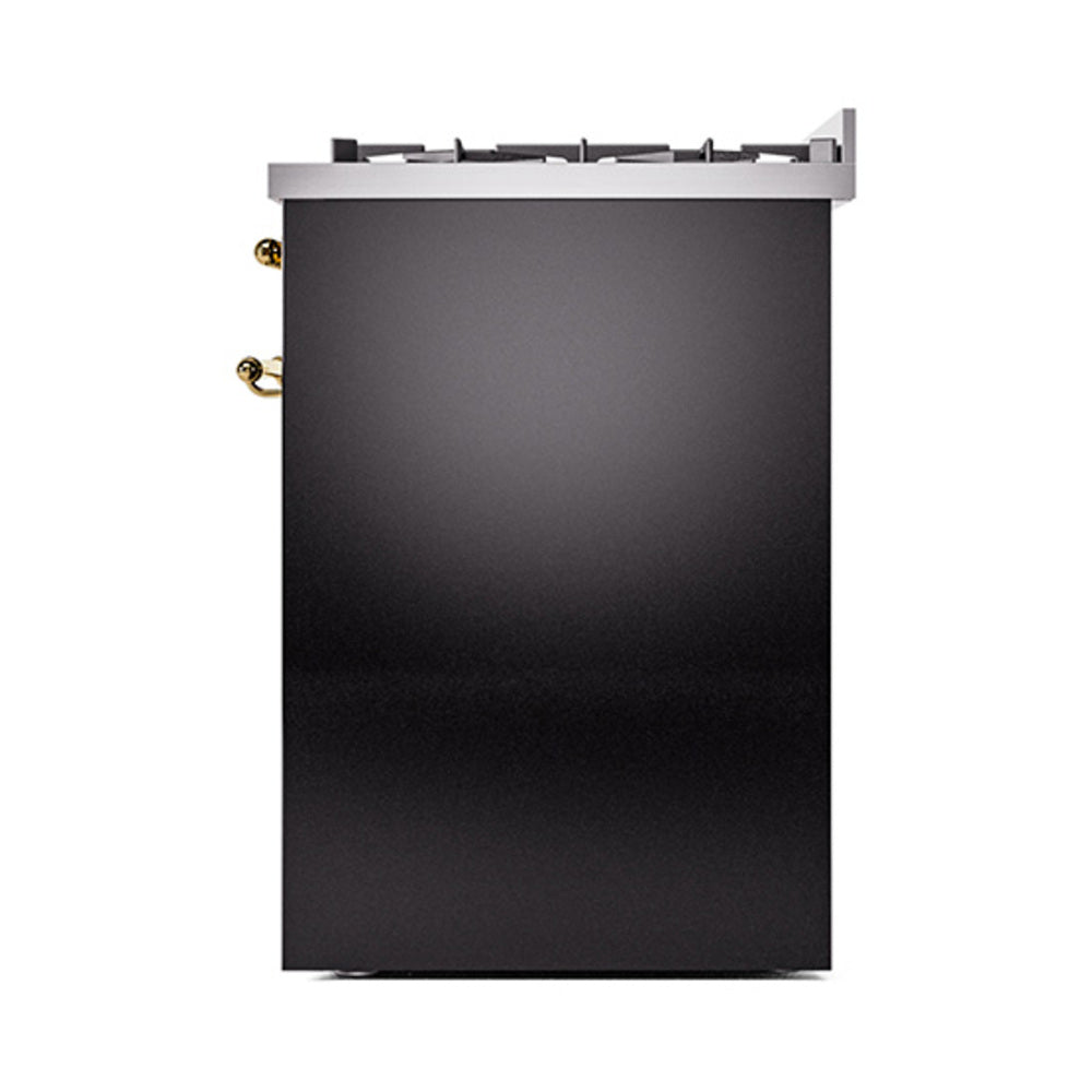 Glossy black solid range door with brass knobs and burner control area
