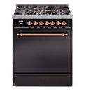 ILVE Nostalgie II 30-Inch Natural Gas Dual Fuel Range with Solid Door in Glossy Black with Copper Trim (UP30QNMPBKP)