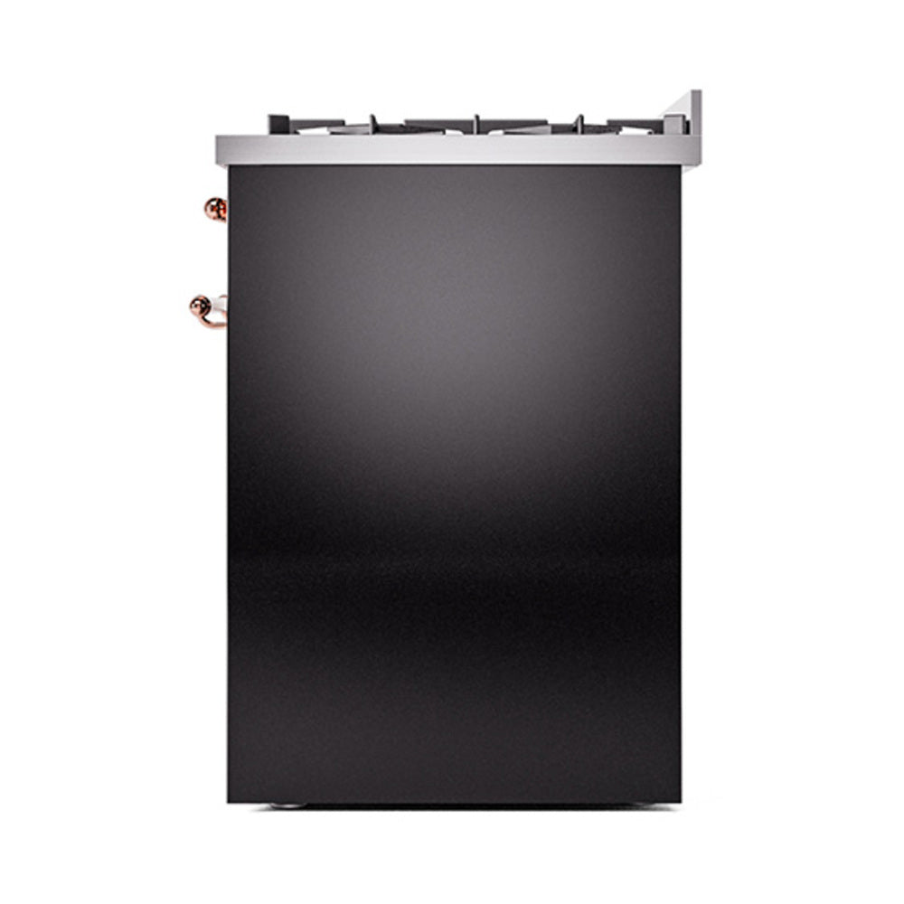 Glossy black range side panel with copper control knobs and cooktop edge