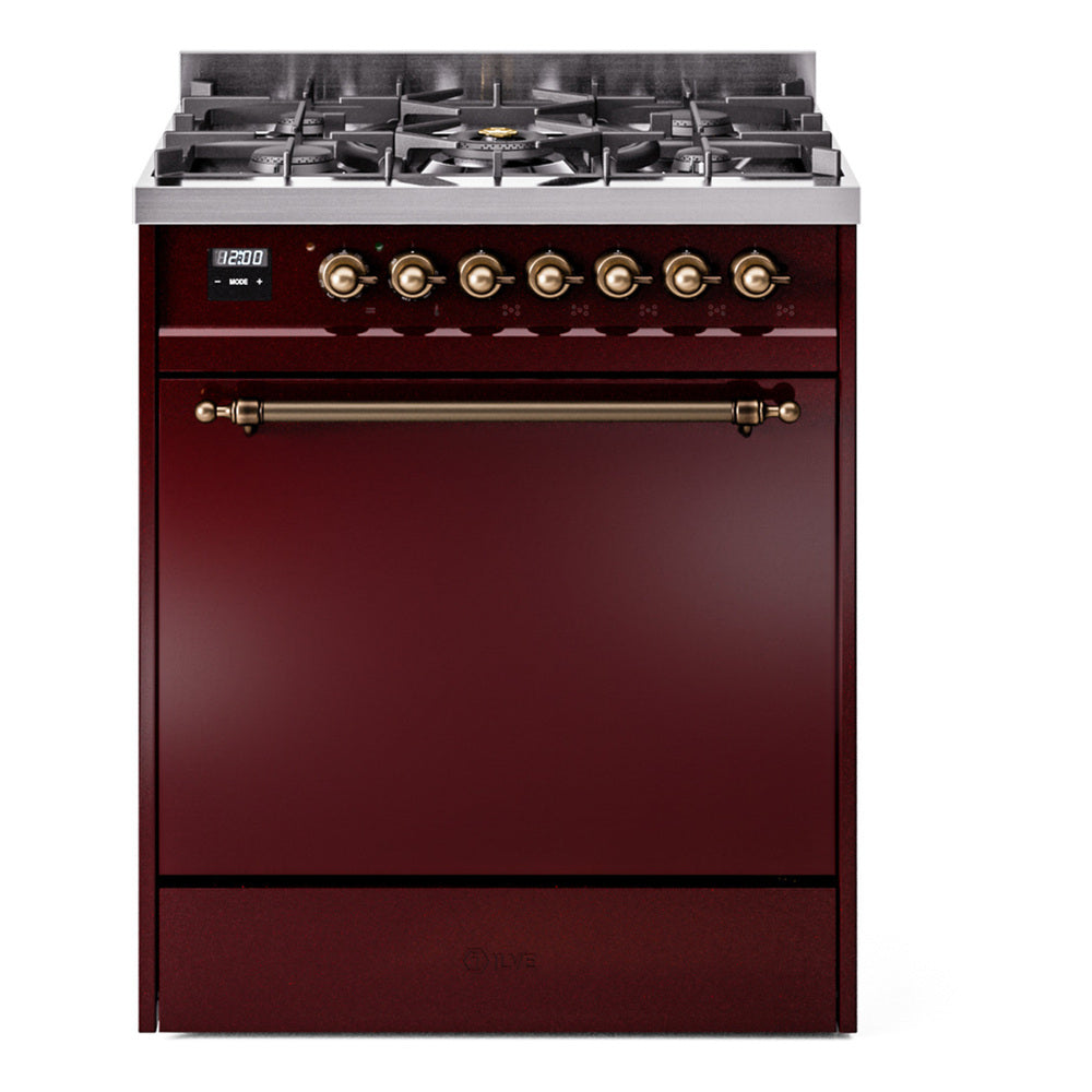Burgundy dual fuel range front with control knobs and oven door
