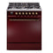 ILVE Nostalgie II 30-Inch Natural Gas Dual Fuel Range with Solid Door in Burgundy with Bronze Trim (UP30QNMPBUB)