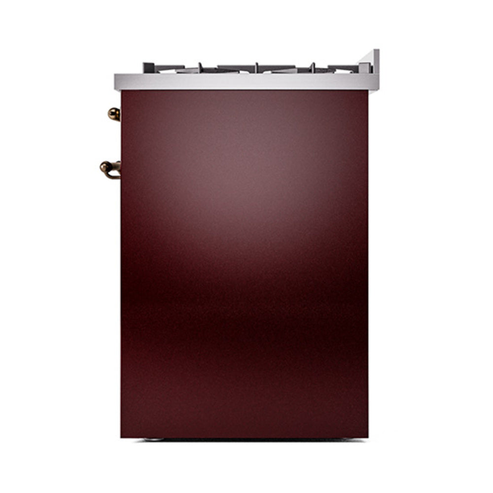Burgundy solid door propane gas dual fuel range with bronze hinges