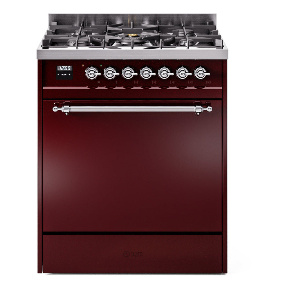 Burgundy dual-fuel range with control knobs, cooktop, and storage door