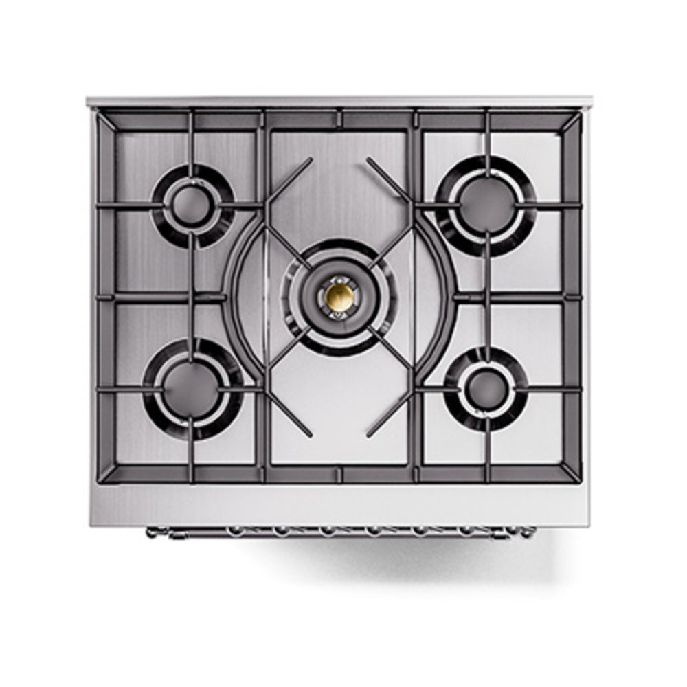 Stainless and black gas cooktop with four burners and center grates
