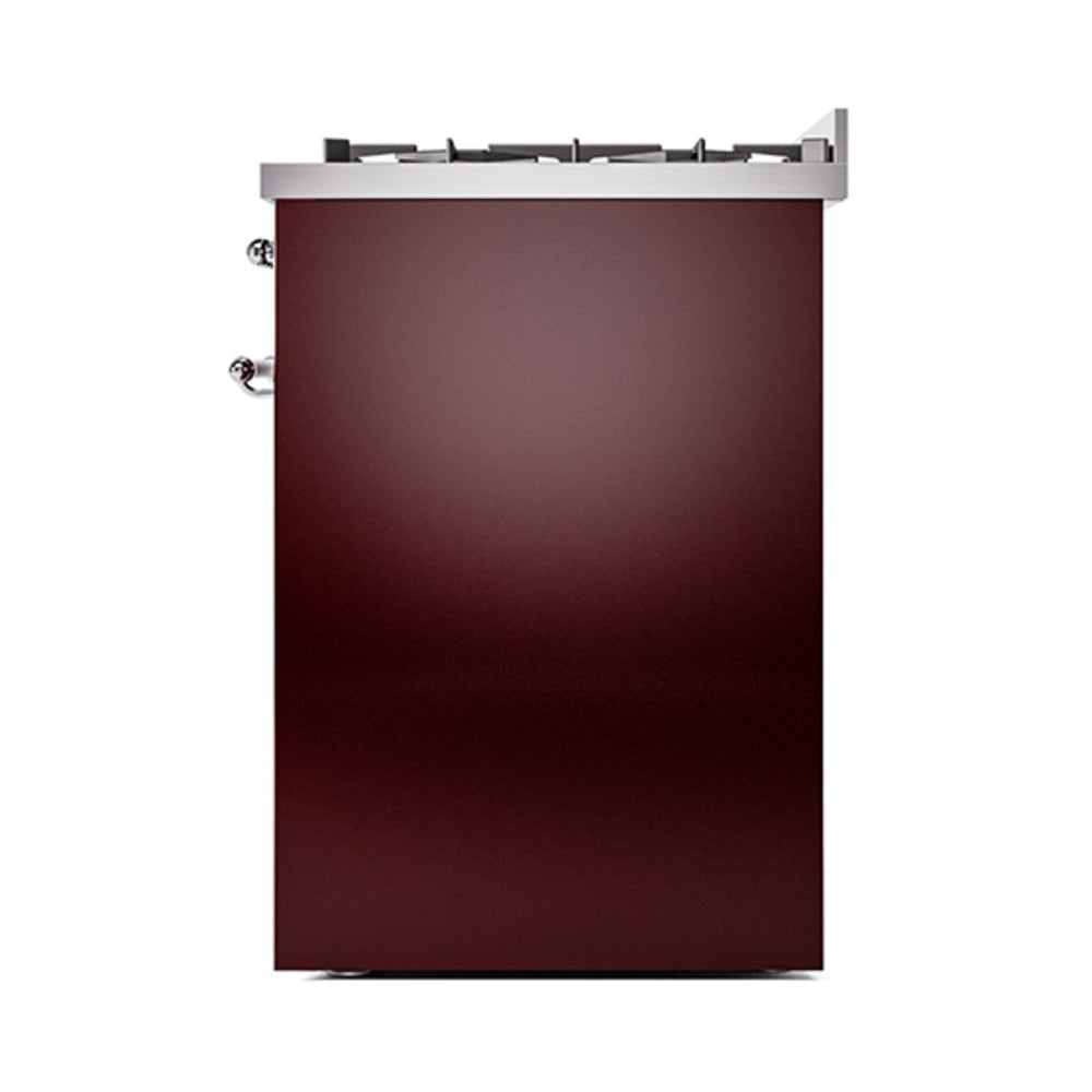 Burgundy solid door dual-fuel range with chrome side hardware