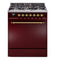 ILVE Nostalgie II 30-Inch Natural Gas Dual Fuel Range with Solid Door in Burgundy with Brass Trim (UP30QNMPBUG)