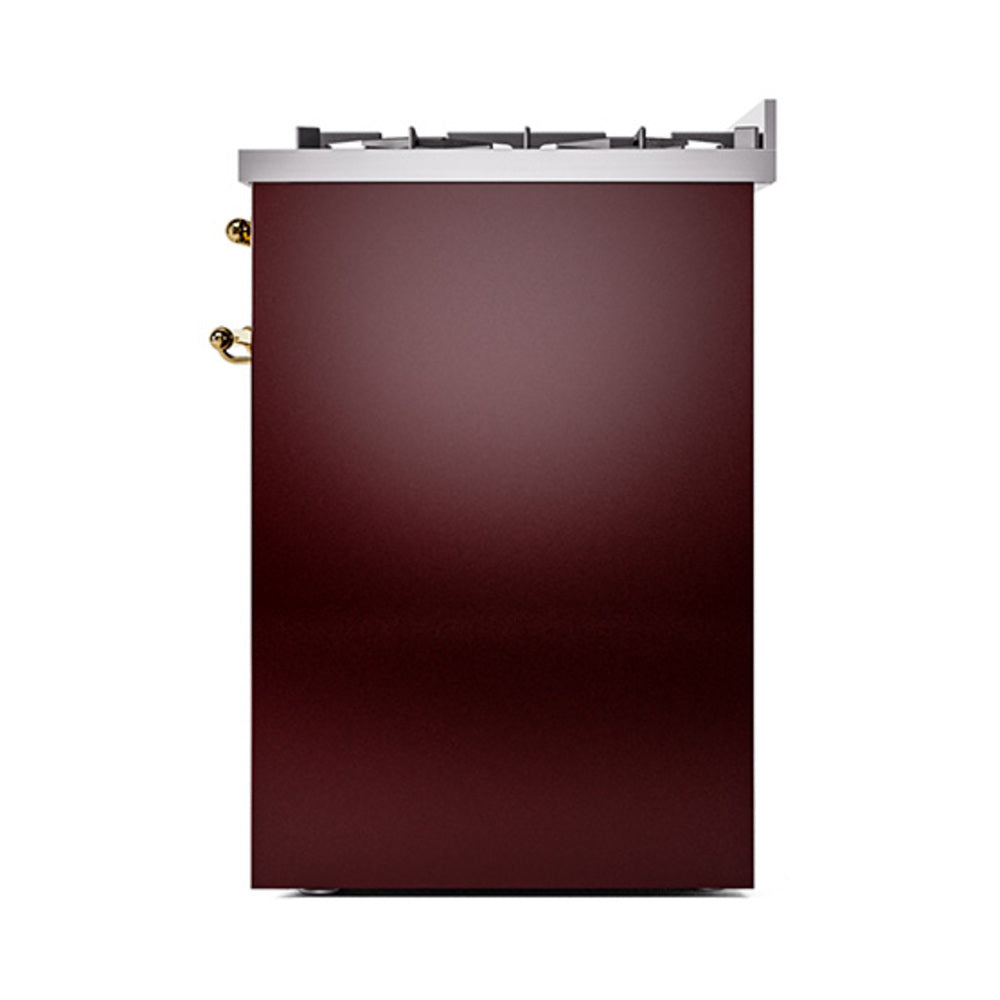 Burgundy ILVE dual fuel range door with brass hinge and handle hardware