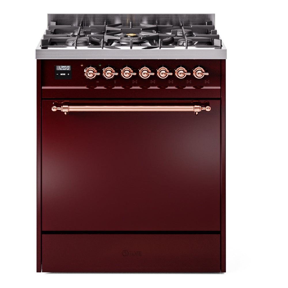 Burgundy dual fuel gas range with closed oven door and copper-trimmed burner knobs
