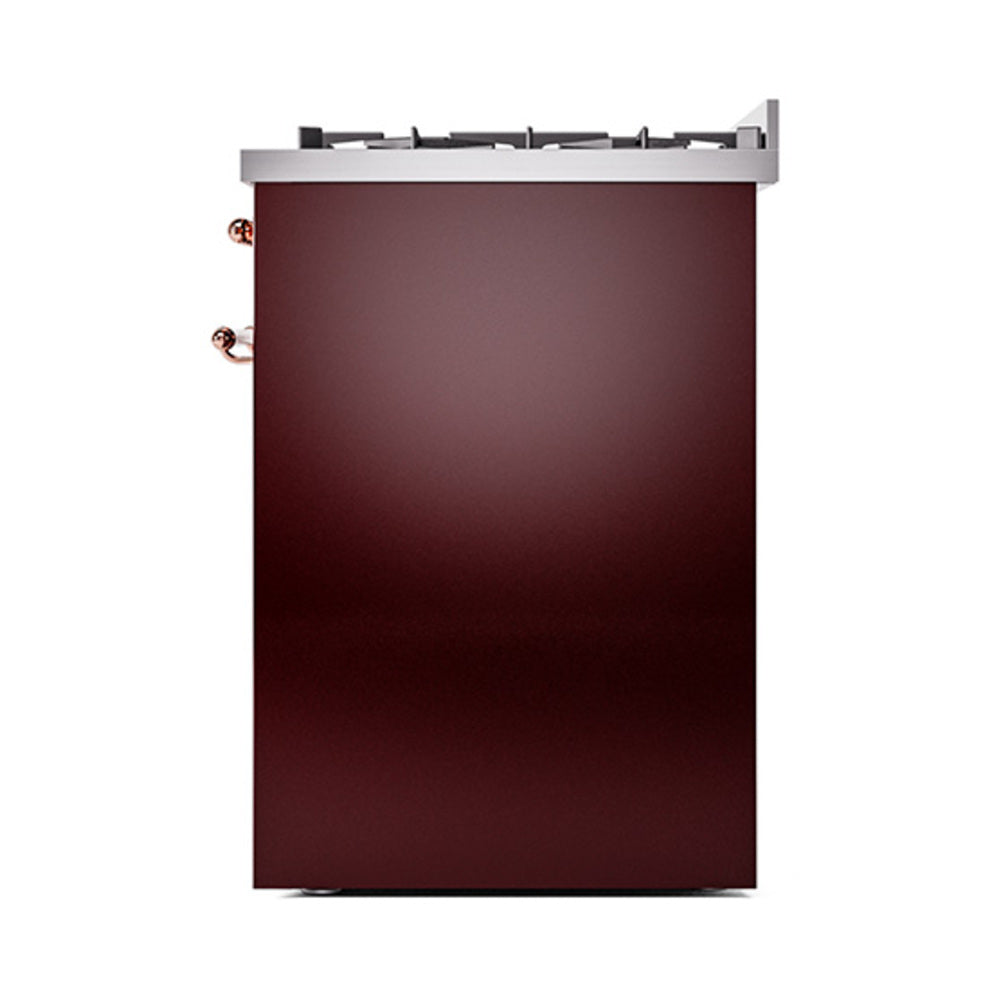 Burgundy range side panel with copper corner knobs and stainless top