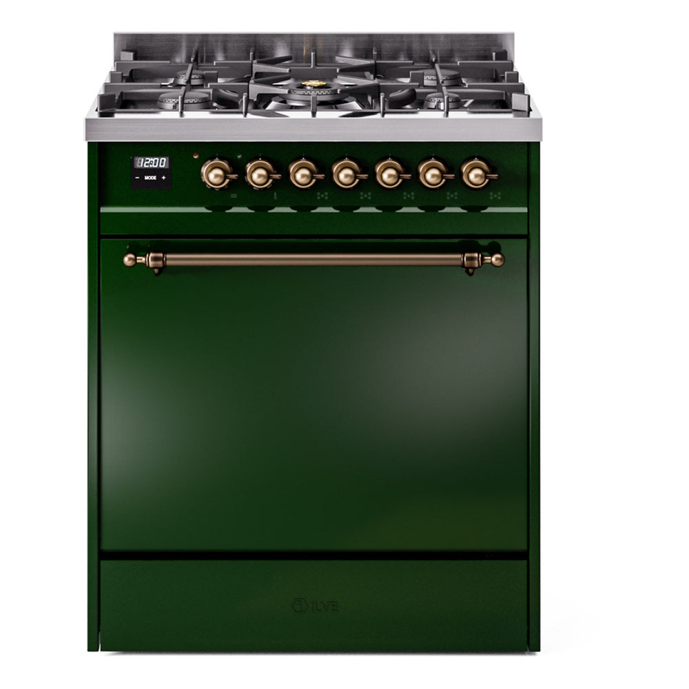 Emerald green dual-fuel range with four burners, bronze knobs, and oven door handle