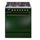 ILVE Nostalgie II 30-Inch Natural Gas Dual Fuel Range with Solid Door in Emerald Green with Bronze Trim (UP30QNMPEGB)