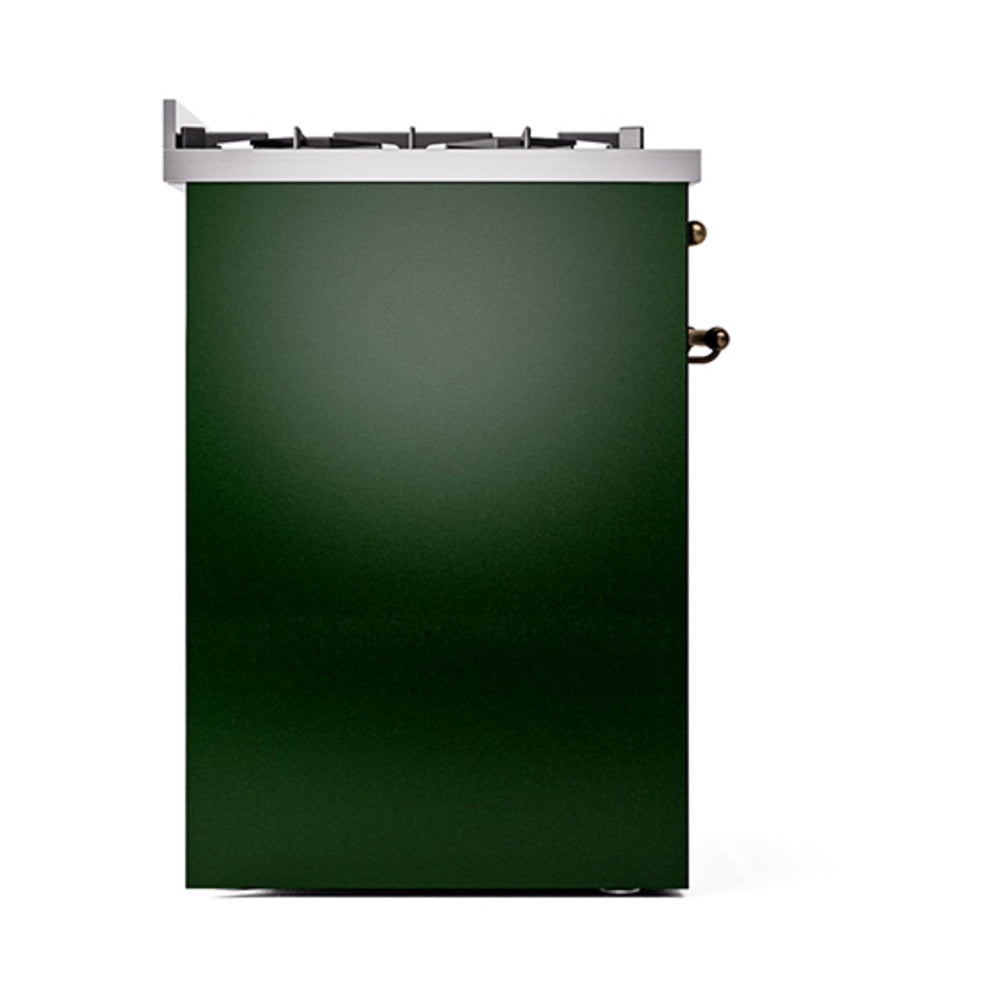 Emerald green dual fuel gas range side panel with rear fittings and control grates
