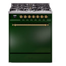 ILVE Nostalgie II 30-Inch Natural Gas Dual Fuel Range with Solid Door in Emerald Green with Brass Trim (UP30QNMPEGG)