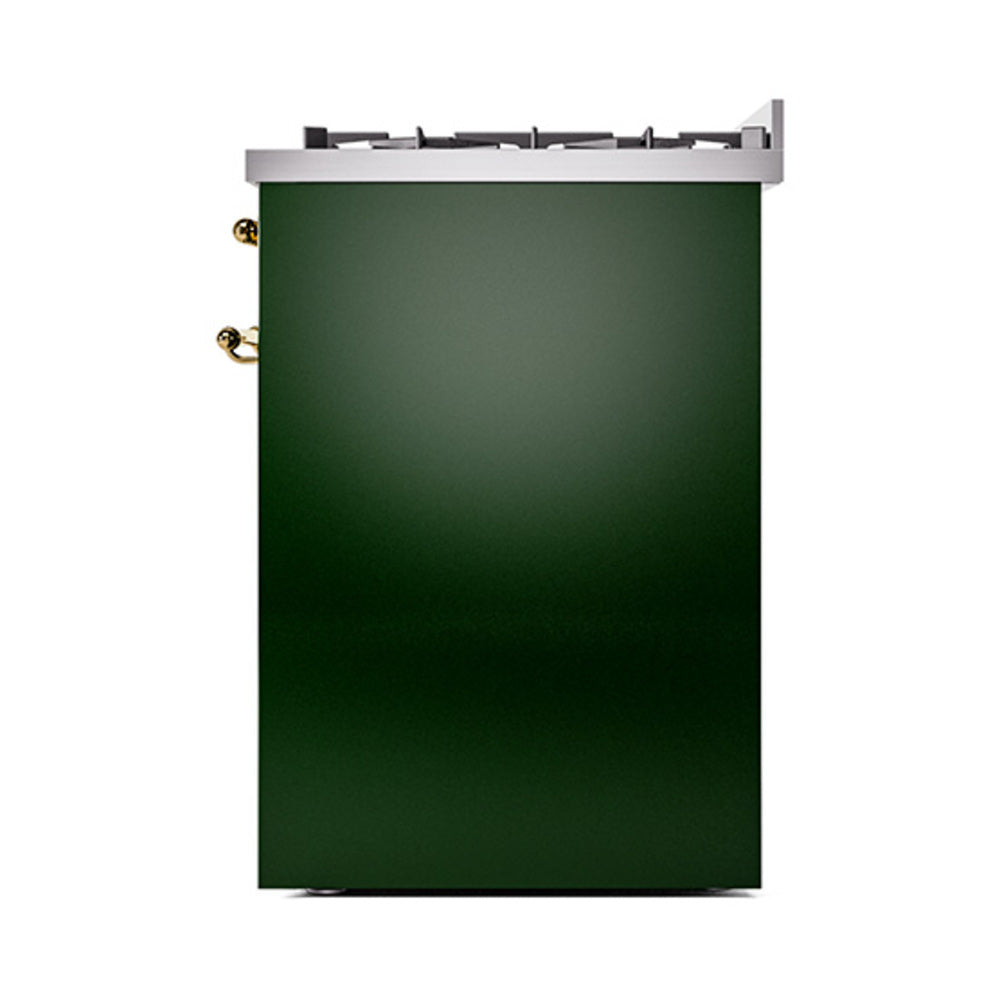 Emerald green solid door range front with brass handles and top burner grates