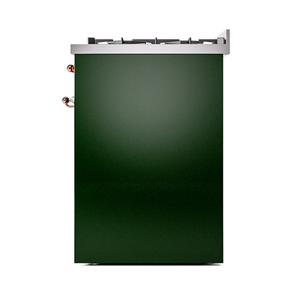 Emerald green solid door gas range with copper-trimmed side knobs.