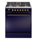 ILVE Nostalgie II 30-Inch Dual Fuel Range with Solid Door in Midnight Blue with Bronze Trim (UP30QNMPMBB)