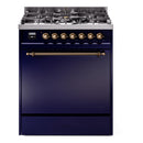 ILVE Nostalgie II 30-Inch Natural Gas Dual Fuel Range with Solid Door in Midnight Blue with Bronze Trim (UP30QNMPMBB)