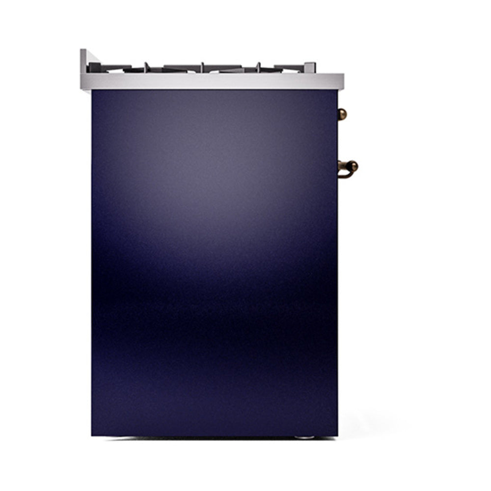 Midnight blue range side panel with stainless control knobs and top burner section