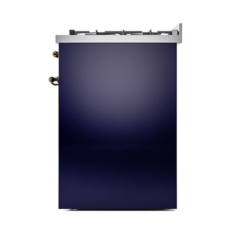 Midnight blue range back/side panel with stainless knobs and top burner grates