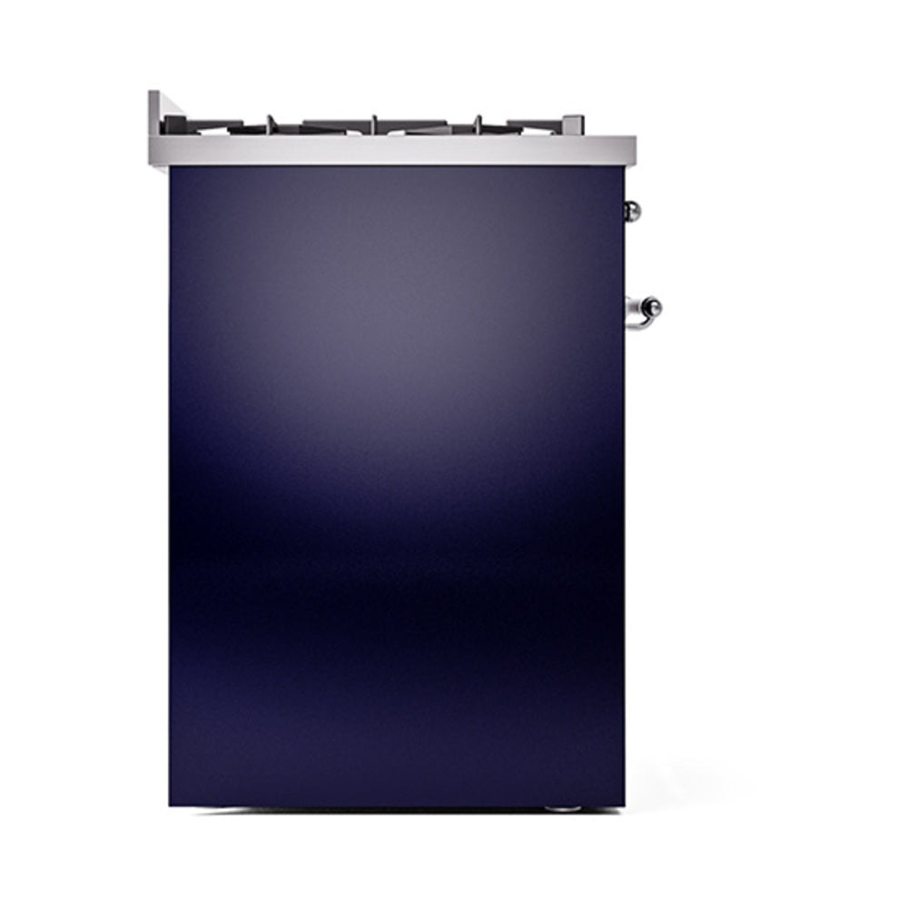 Midnight blue range door with stainless top and chrome control knobs