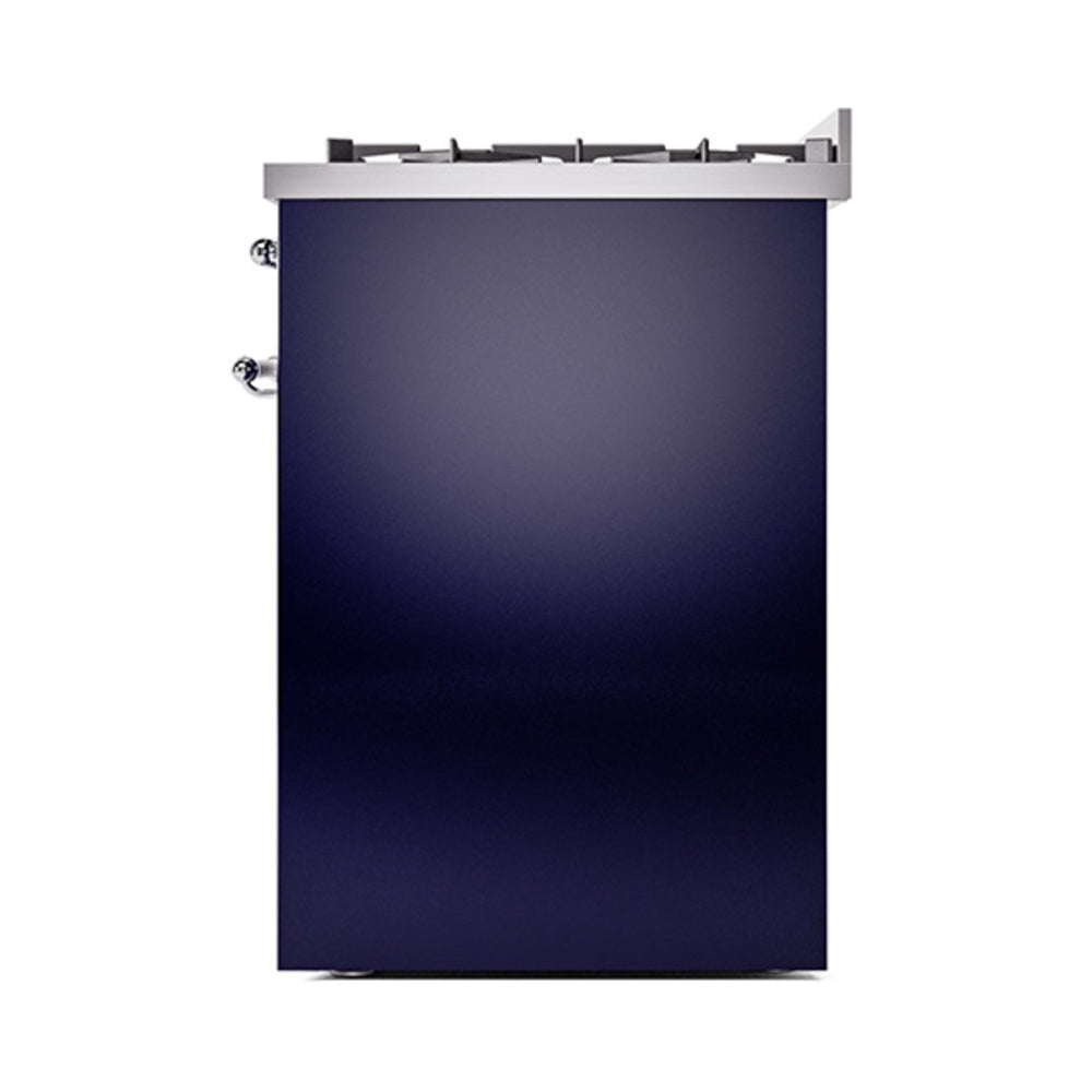 Midnight blue range side panel with stainless top and chrome control knobs