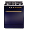 ILVE Nostalgie II 30-Inch Natural Gas Dual Fuel Range with Solid Door in Midnight Blue with Brass Trim (UP30QNMPMBGG)