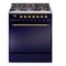 ILVE Nostalgie II 30-Inch Natural Gas Dual Fuel Range with Solid Door in Midnight Blue with Brass Trim (UP30QNMPMBGG)