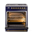 ILVE Nostalgie II 30-Inch Natural Gas Dual Fuel Range with Solid Door in Midnight Blue with Brass Trim (UP30QNMPMBGG)
