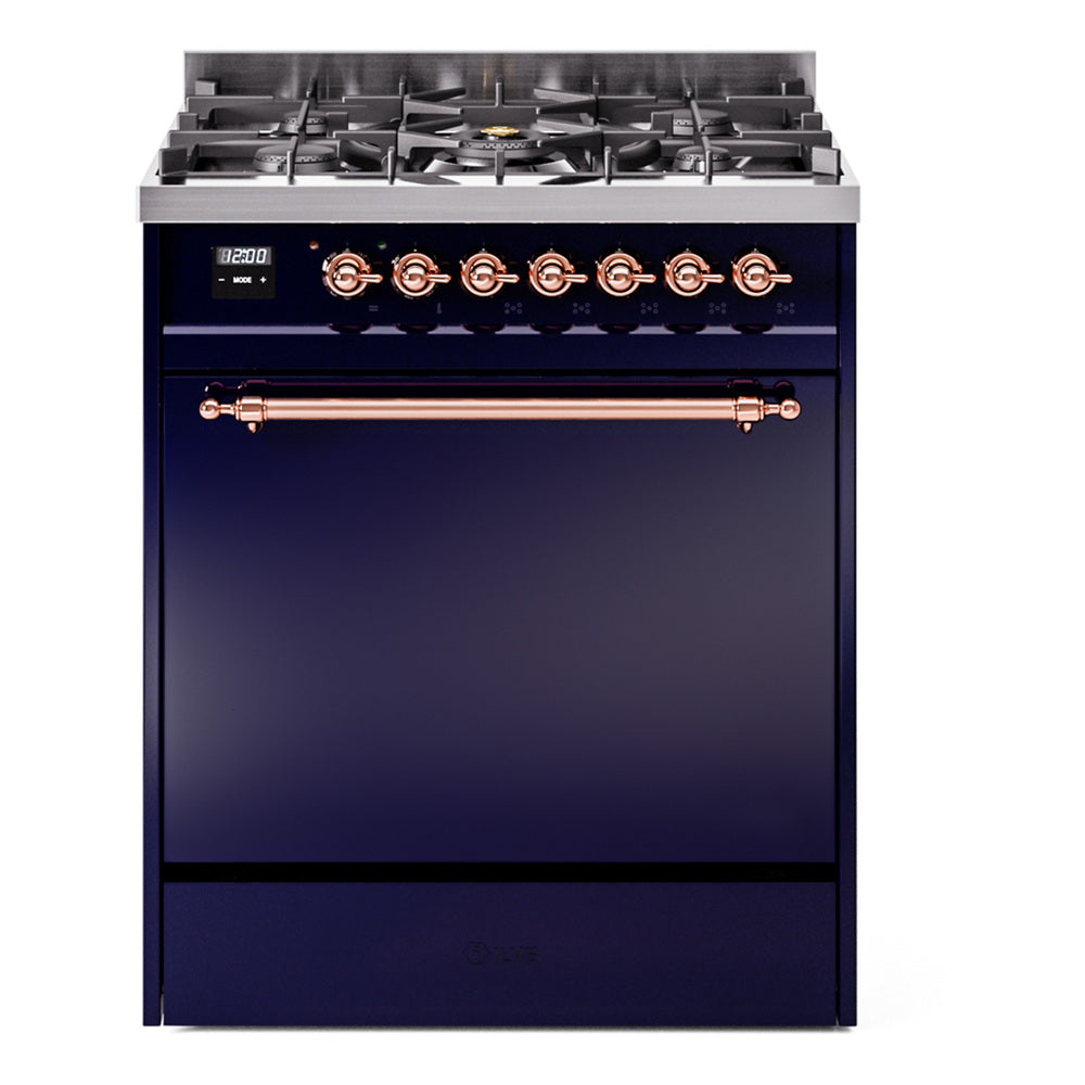 Midnight blue dual fuel gas range with solid door, copper trim, and control knobs