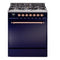 ILVE Nostalgie II 30-Inch Natural Gas Dual Fuel Range with Solid Door in Midnight Blue with Copper Trim (UP30QNMPMBP)