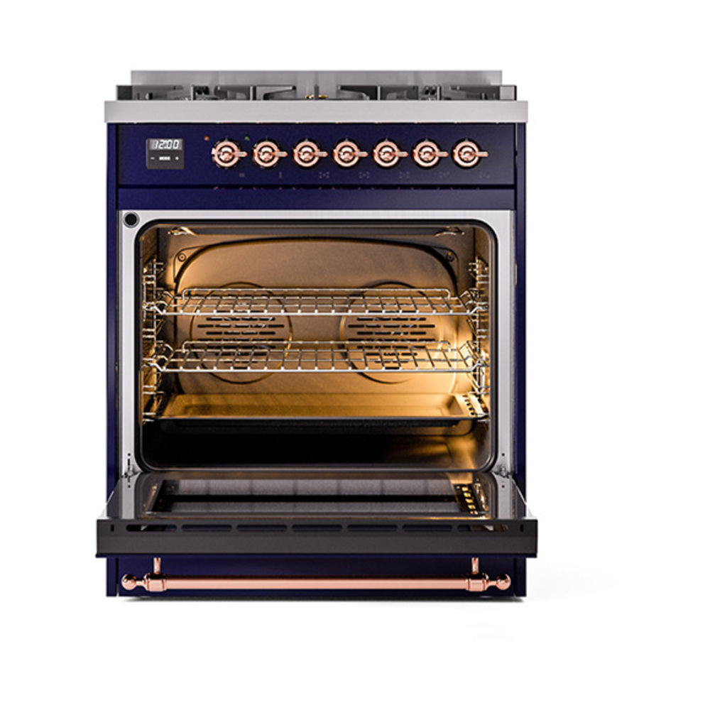 Midnight blue gas range with open oven door showing racks and copper accent handles