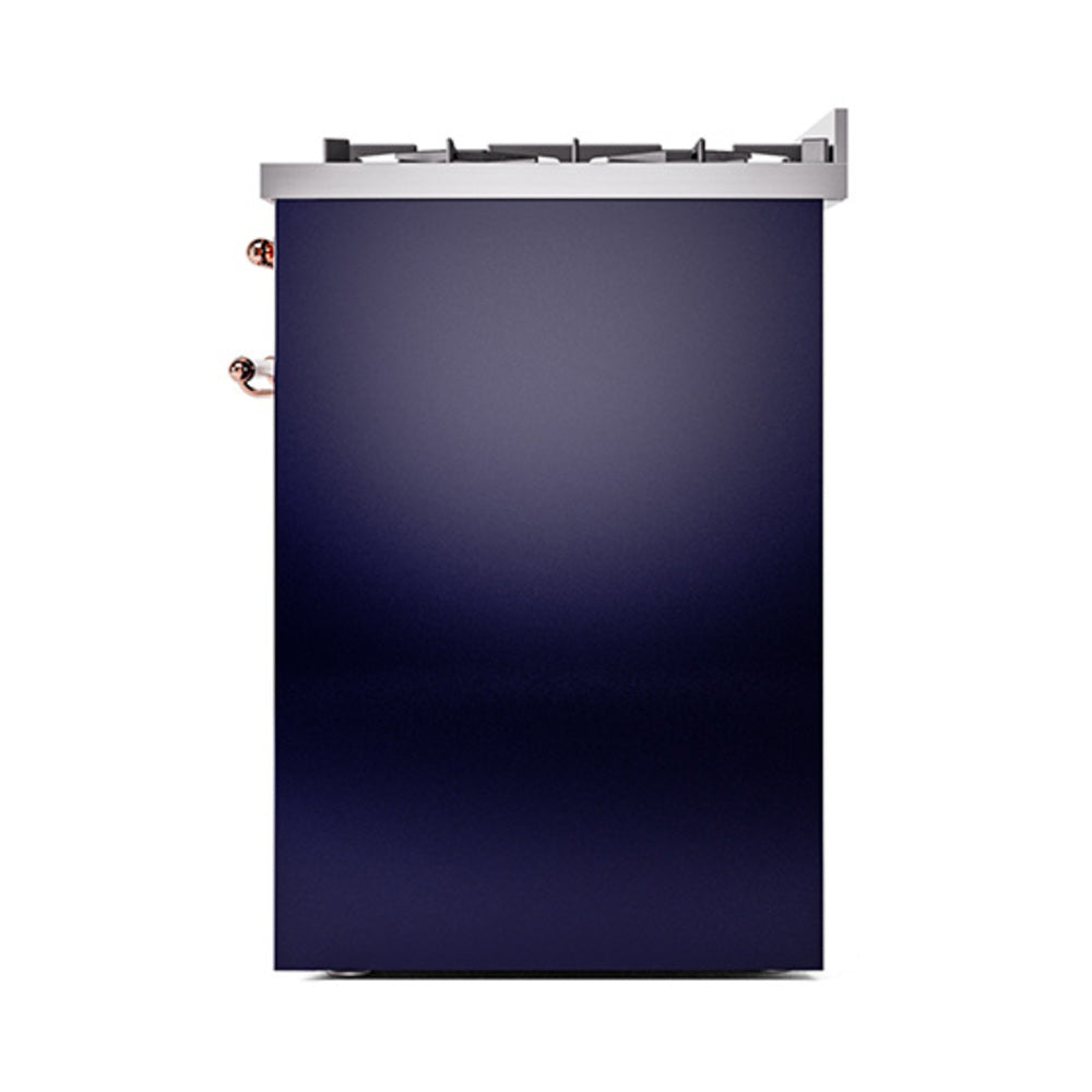 Front-right view of midnight blue dual fuel range with copper control knobs